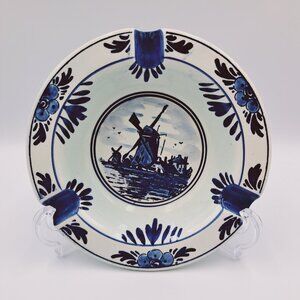 Vintage Blue Delft Hand Painted Holland Dutch Windmill House Ceramic Ashtray